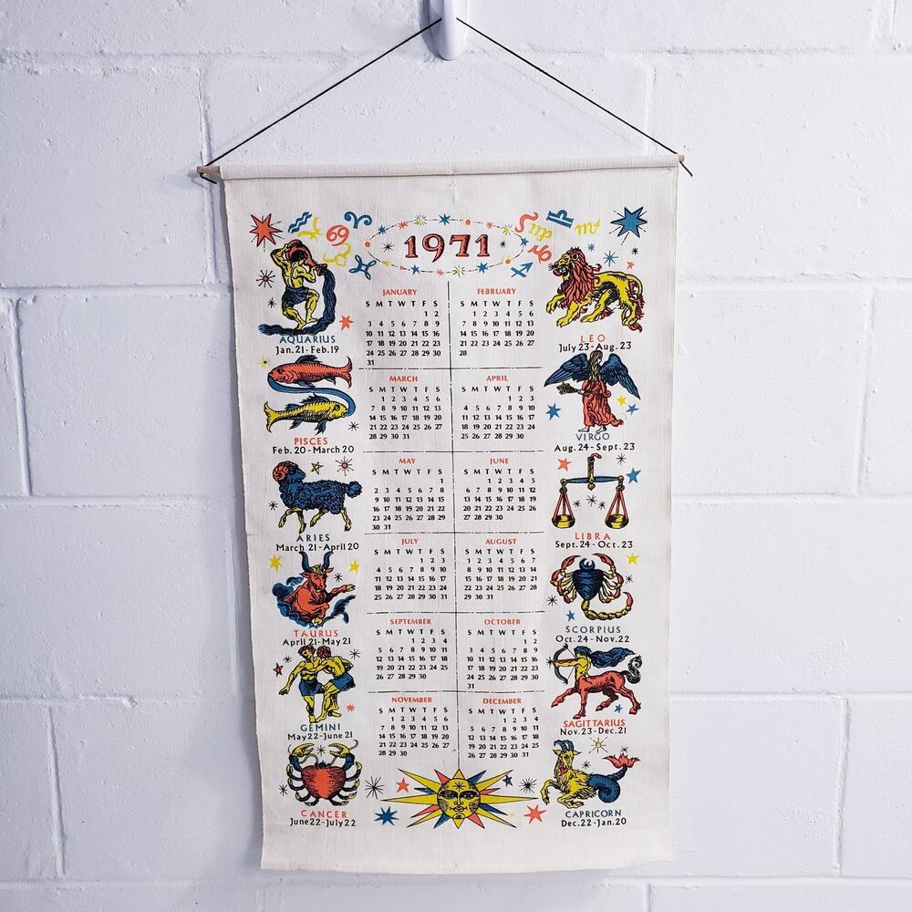 1971 Vintage Kitchen Tea Towel Cloth Printed Linen Calendar Wall Hanging